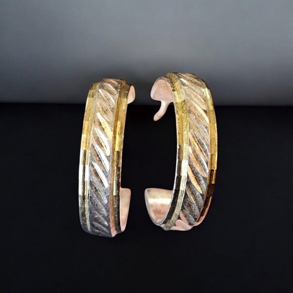 Sterling Silver Gold‎ Plated Hoop Earrings Etched Two-toned Italy Milor 925 .75" - Picture 1 of 12